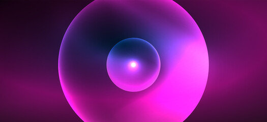 Shiny neon geometric abstract background. Glowing lights on round shapes, triangles and circles. Wallpaper for concept of AI technology, blockchain, communication, 5G, science, business