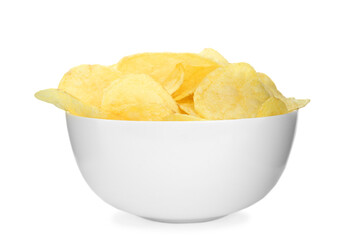 Bowl of tasty potato chips on white background
