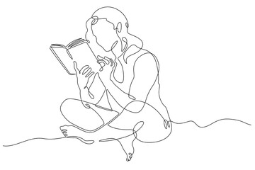 A woman is reading a book. The female character is reading. Student with a textbook.Education and knowledge. Open book.