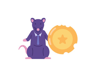 the concept of a criminal or corrupt. a mouse eats coins. mertapora perpetrators of corruption or consuming people's money. political. flat cartoon illustration. vector design
