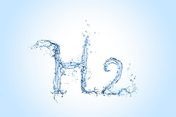 Fototapeta na wymiar Chemical formula H2 made of water on light blue background