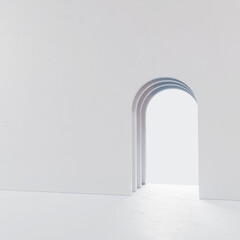 Stage for product demonstration with aisle. Stylish arch in a white wall. Abstract background, 3d rendering.