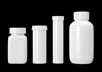 Blank pills bottles isolated on black background. Medical bottle mock up. Medical containers set. Free, copy space for your label. 3d rendering.