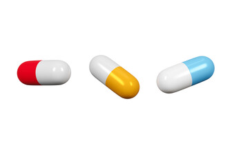 Colourfull pills isolated on white background. Medicines, tablets and pharmacy. Cut out. Health, healthcare concept. 3d rendering.