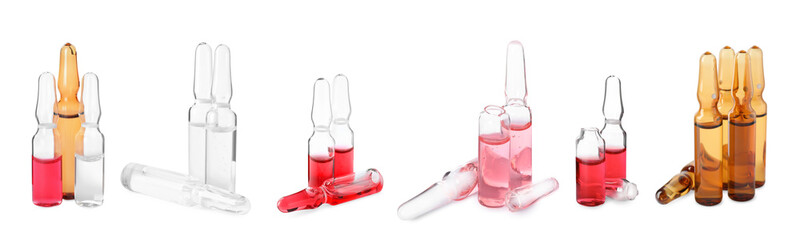 Set with different glass ampoules with pharmaceutical products on white background. Banner design