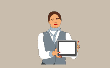 Portrait of smiling woman working on digital tablet. Vector illustration in pastel tones