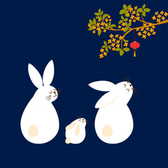 Asian rabbit illustration. Happy rabbit family isolated elements. Mid-Autumn festival Chinese New Year vector. Korean japanese concept. Chinese lantern asian floral branch. Chinese holiday characters.