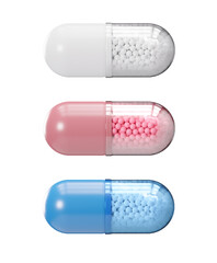 Colourfull pills isolated on white background. Medicines, tablets and pharmacy. Cut out. Health, healthcare concept. 3d rendering.