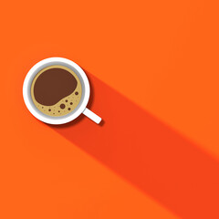 Obraz na płótnie Canvas a white cup of coffee on orang background. long shadow from cup. invigorating drink. Square image. 3D image. 3D rendering.