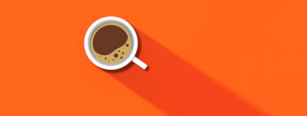 a white cup of coffee on orang background. long shadow from cup. invigorating drink. horizontal image. Banner for insertion into site. Place for text cope space. 3D image. 3D rendering.
