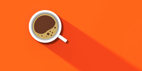 a white cup of coffee on orang background. long shadow from cup. invigorating drink. horizontal image. Banner for insertion into site. Place for text cope space. 3D image. 3D rendering.