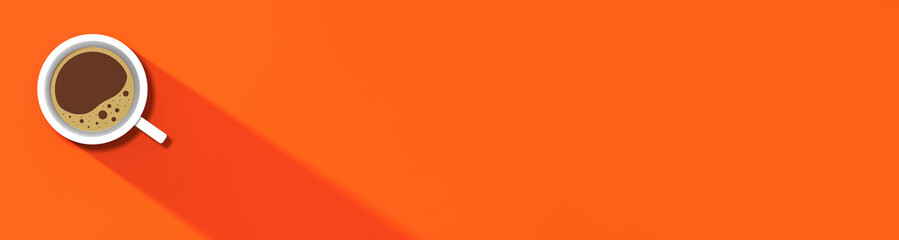 a white cup of coffee on orang background. long shadow from cup. invigorating drink. horizontal image. Banner for insertion into site. Place for text cope space. 3D image. 3D rendering.