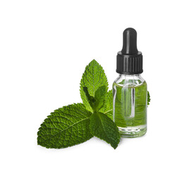 Bottle of essential oil and mint on white background