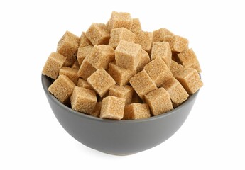 Bowl with cubes of brown sugar isolated on white