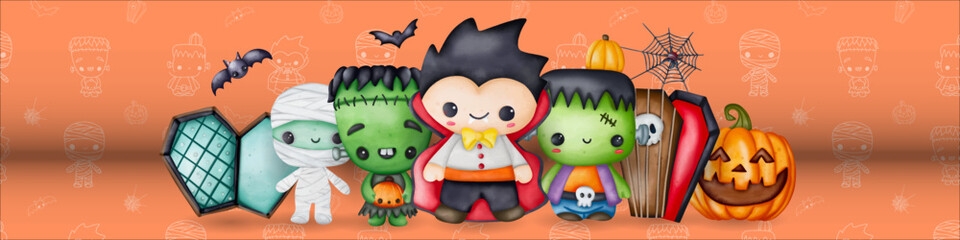 Watercolor cute Halloween cartoon characters. Witch, Dracula, zombie, and mummy. Halloween vampire..