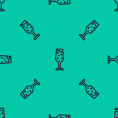 Blue line Glass of champagne icon isolated seamless pattern on green background. Vector