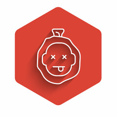 White line Murder icon isolated with long shadow. Body, bleeding, corpse, bleeding icon. Dead head. Concept of crime scene. Red hexagon button. Vector