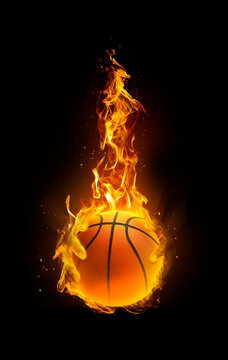 basketball, fire in hand black background