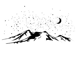Mountain silhouette with stars and moon nature landscape travel emblem sketch hills illustration