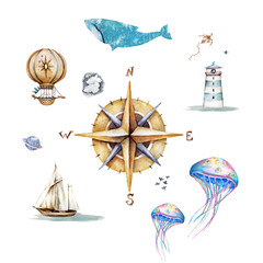 Compass, hot air balloon, lighthouse, whale, ship and jellyfish watercolor illustration. Magic sky, signs and symbols. Navigation, cardinal directions clipart on white background - obrazy, fototapety, plakaty