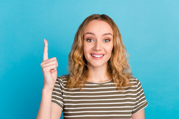 Inspired woman point finger up genius idea surprised invented smart solution wearing t-shirt...