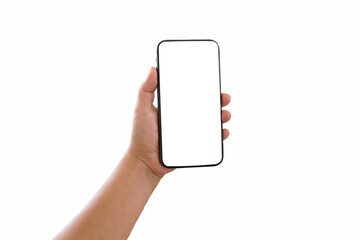 woman holding a black smartphone isolated on a white background