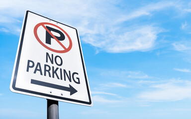 Rectangular parking prohibition sign, blue sky and clouds background. No parking road sign