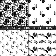 Floral seamless pattern collection of black simple flowers branches with leaves on white color background.