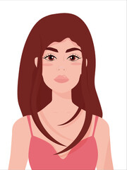 Portrait of a cute girl with brown hair in a pink dress in a flat style. avtar. painting for home