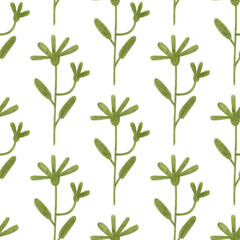 Seamless pattern with green herbs. Hand-drawn illustrations made with colored pencils in the doodle style. Summer simple floral texture on a white background, isolated. For wrapping paper and textiles