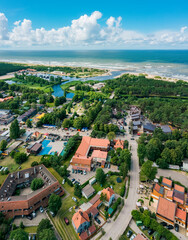 Seaside town Sventoji in Lithuania on Baltic sea shore, very visited summer tourist location for cheap accommodation and party, sandy beach