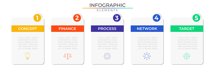 Modern infographic elements concept design vector with icons. Business workflow network project template for presentation and report.