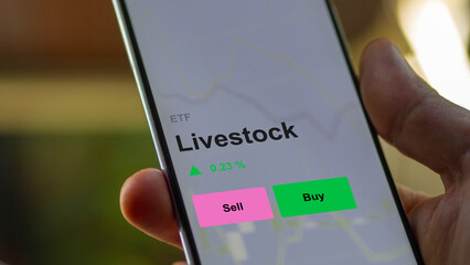 An investor's analizing the livestock etf fund on a screen. A phone shows the prices of domesticated animals raised in an agricultural commodities animals cows, pigs, cattle and chicken