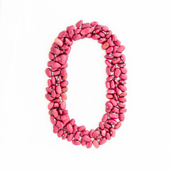 Number 0 from red kidney beans. Bean font. White background. Bright font for menu or food blog. Lettering design element. Initial cap