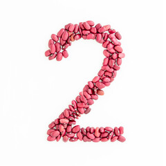 Number 2 from red kidney beans. Bean font. White background. Bright font for menu or food blog. Lettering design element. Initial cap