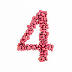 Number 4 from red kidney beans. Bean font. White background. Bright font for menu or food blog. Lettering design element. Initial cap