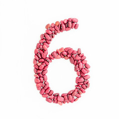 Number 6 from red kidney beans. Bean font. White background. Bright font for menu or food blog. Lettering design element. Initial cap