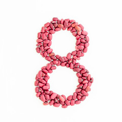 Number 8 from red kidney beans. Bean font. White background. Bright font for menu or food blog. Lettering design element. Initial cap