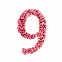 Number 9 from red kidney beans. Bean font. White background. Bright font for menu or food blog. Lettering design element. Initial cap