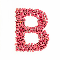Capital letter B from red kidney beans. Beans font. White background. Bright font for menu or food blog. Lettering design element. Initial cap