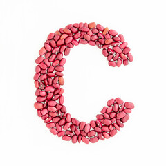 Capital letter C from red kidney beans. Beans font. White background. Bright font for menu or food blog. Lettering design element. Initial cap