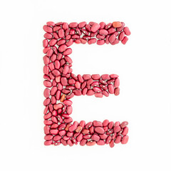 Capital letter E from red kidney beans. Beans font. White background. Bright font for menu or food blog. Lettering design element. Initial cap