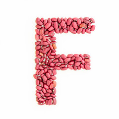 Capital letter F from red kidney beans. Beans font. White background. Bright font for menu or food blog. Lettering design element. Initial cap