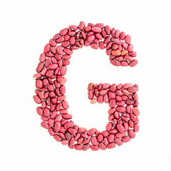 Capital letter G from red kidney beans. Beans font. White background. Bright font for menu or food blog. Lettering design element. Initial cap