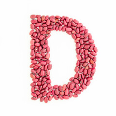 Capital letter D from red kidney beans. Beans font. White background. Bright font for menu or food blog. Lettering design element. Initial cap