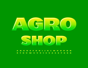 Vector business banner Agro Shop. Green glossy Font. Modern Creative set of Alphabet Letters and Numbers
