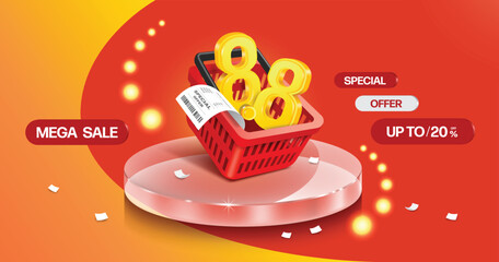 Number 8.8 yellow 3d is in a red shopping basket and all rests on a round clear glass podium with a promotion text mega sale 20% discount to convey promotions eighth day of the eighth month,vector 3d
