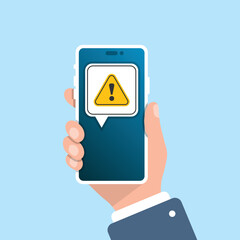 Phone notifications icon in flat style. Smartphone with exclamation point in hand vector illustration on isolated background. Spam message sign business concept.