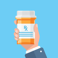 Pill bottle in hand illustration in flat style. Medical capsules vector illustration on white isolated background. Pharmacy sign business concept. - obrazy, fototapety, plakaty