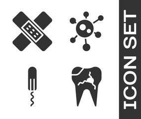 Set Broken tooth, Crossed bandage plaster, Sanitary tampon and Virus icon. Vector